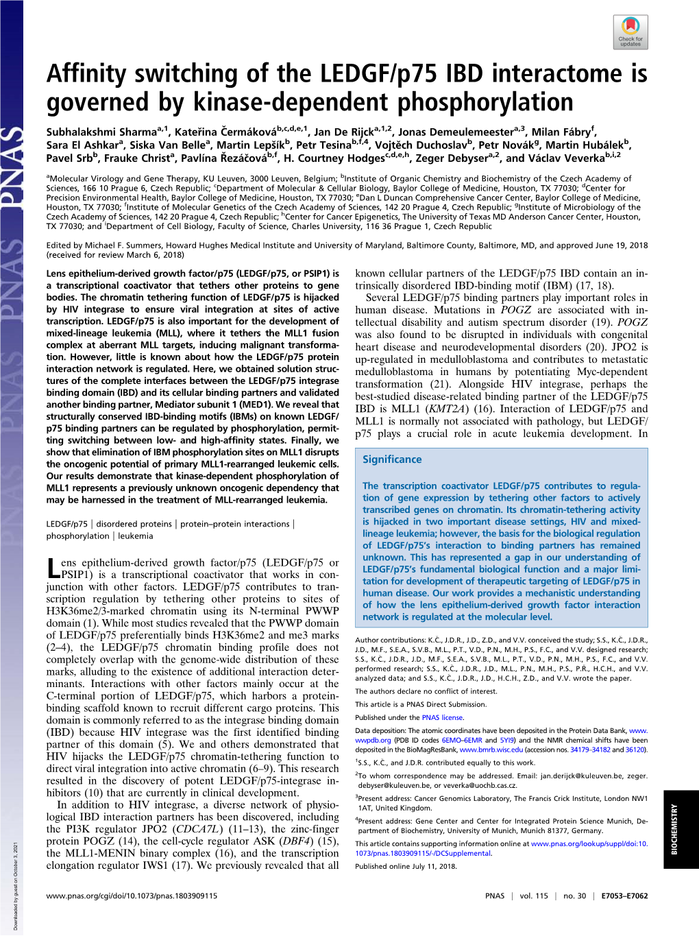 Affinity Switching of the LEDGF/P75 IBD Interactome Is Governed by Kinase-Dependent Phosphorylation