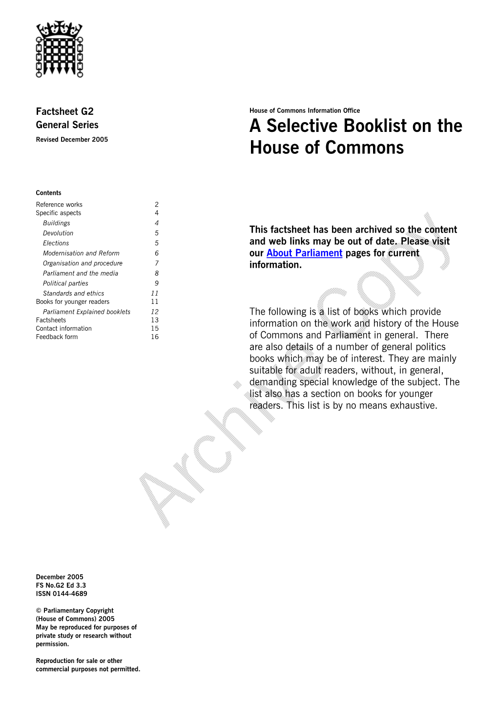 A Selective Booklist on the House of Commons House of Commons Information Office Factsheet G2