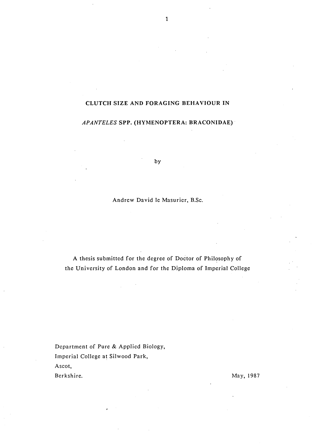 By Andrew David Le M Asurier, B.Sc. a Thesis Subm Itted for the Degree of D