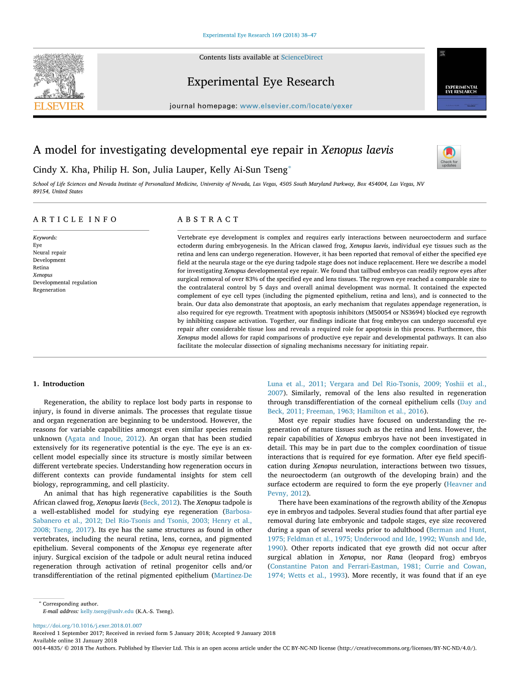 A Model for Investigating Developmental Eye Repair in Xenopus Laevis T ∗ Cindy X