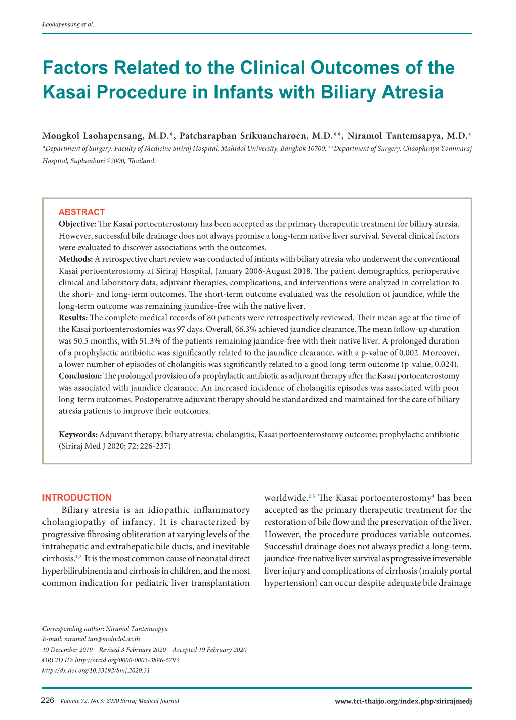 Factors Related to the Clinical Outcomes of the Kasai Procedure in Infants with Biliary Atresia