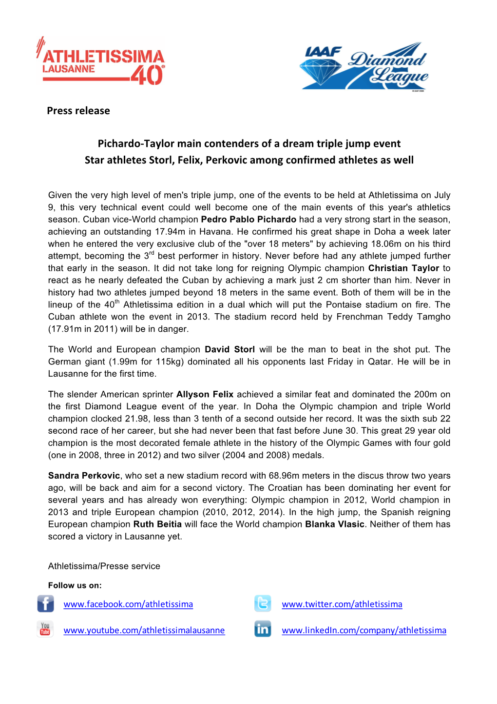 Press Release Pichardo-‐Taylor Main Contenders of a Dream Triple Jump