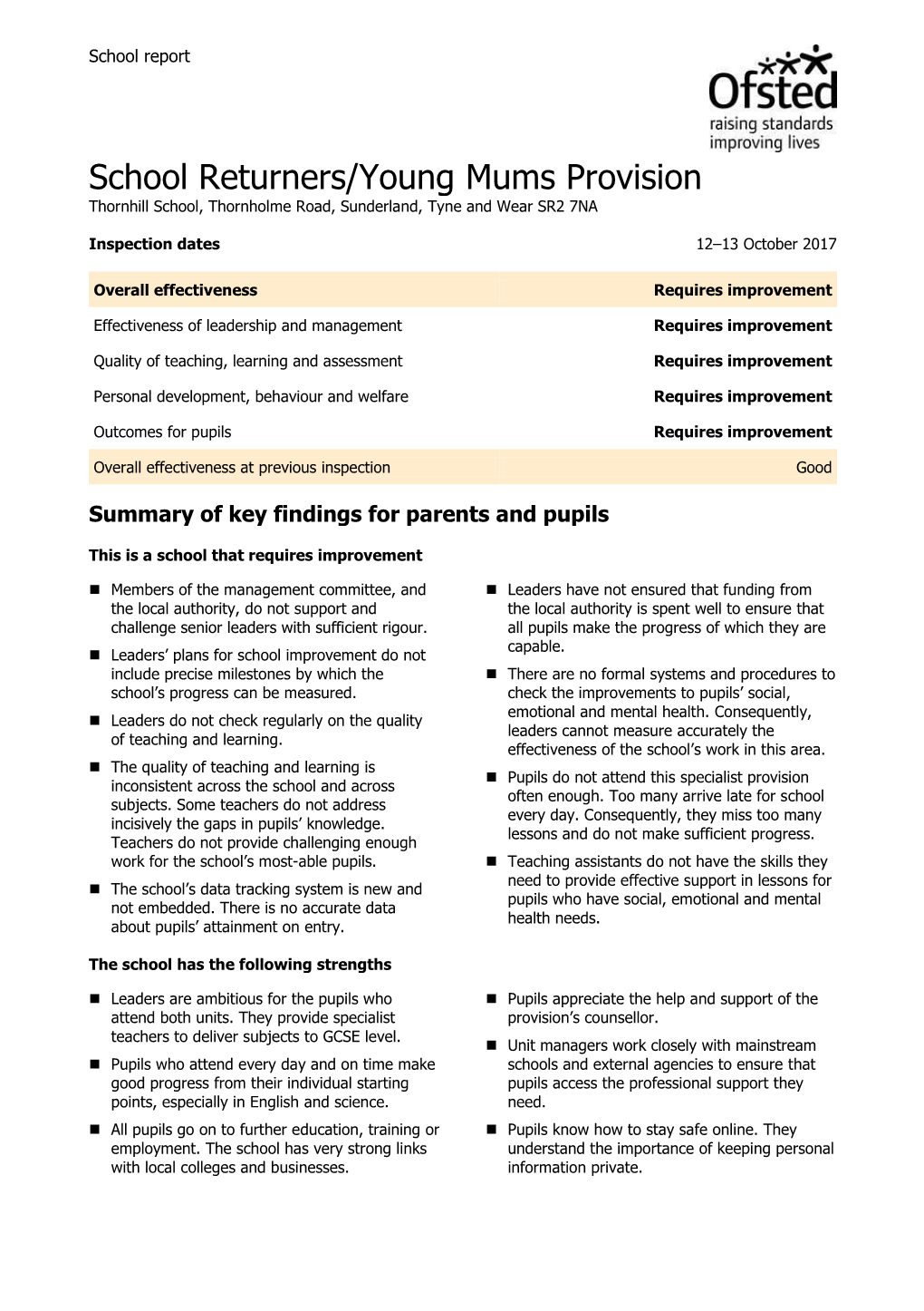 School Returners/Young Mums Provision Thornhill School, Thornholme Road, Sunderland, Tyne and Wear SR2 7NA