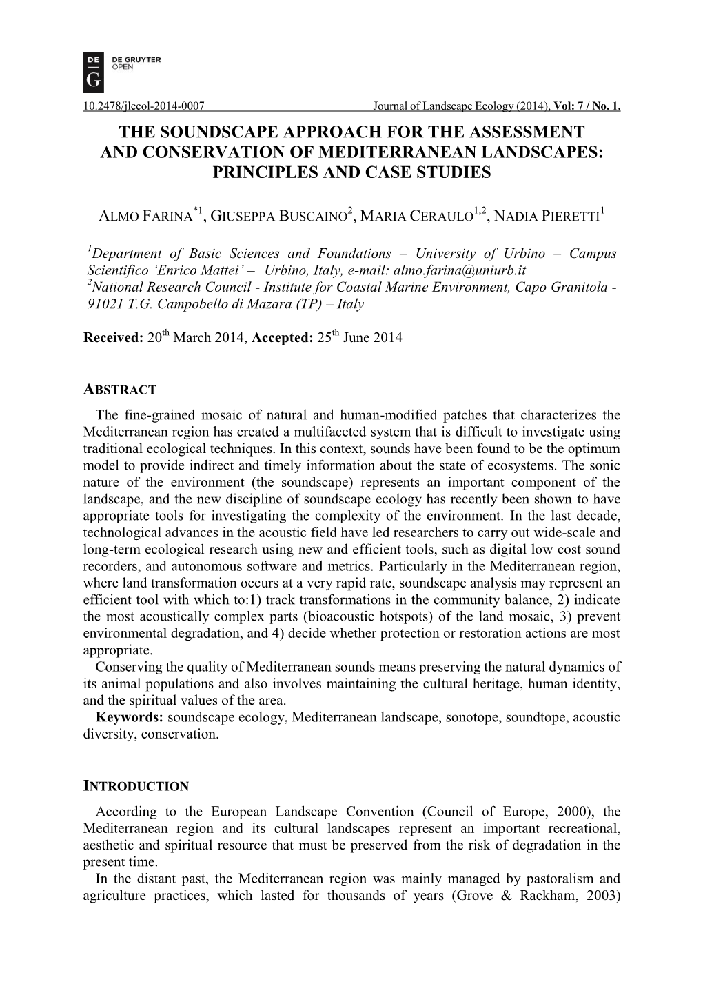 The Soundscape Approach for the Assessment and Conservation of Mediterranean Landscapes: Principles and Case Studies