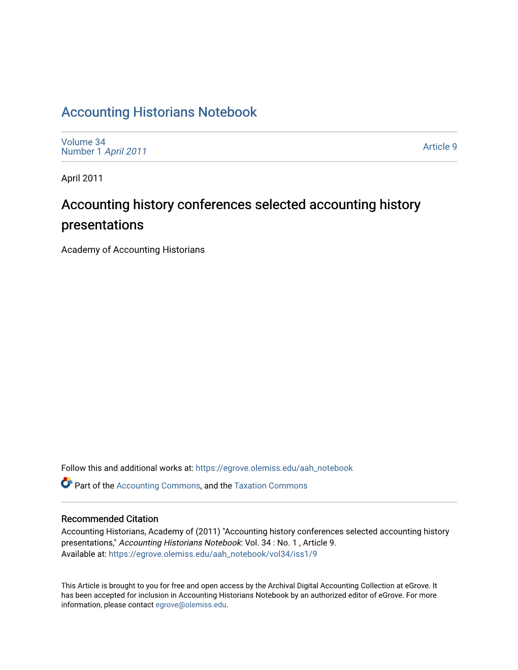 Accounting History Conferences Selected Accounting History Presentations