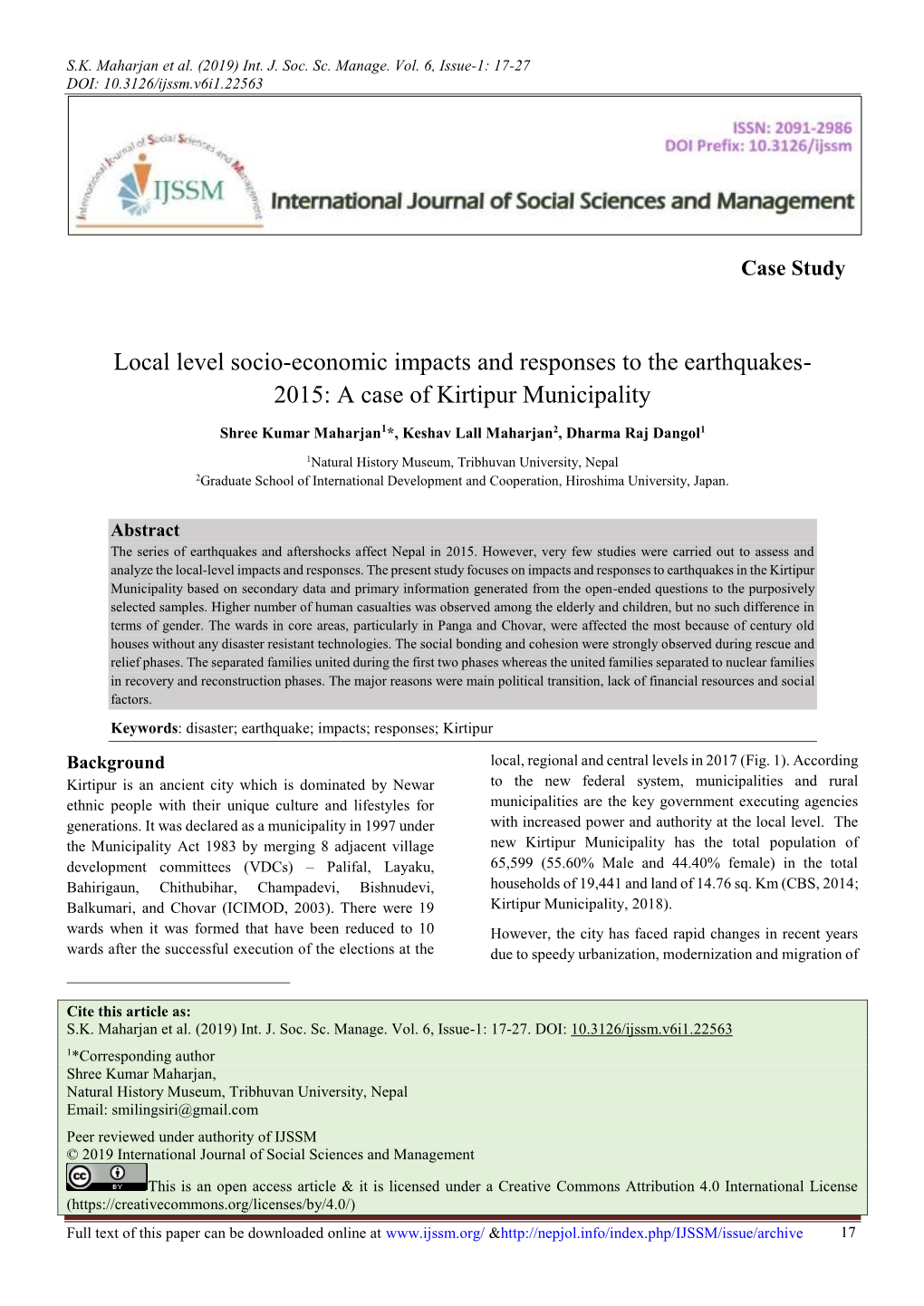 Local Level Socio-Economic Impacts and Responses to the Earthquakes- 2015: a Case of Kirtipur Municipality
