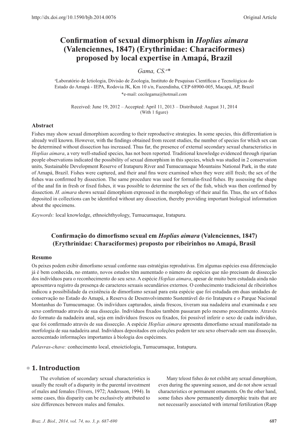 Confirmation of Sexual Dimorphism in Hoplias Aimara