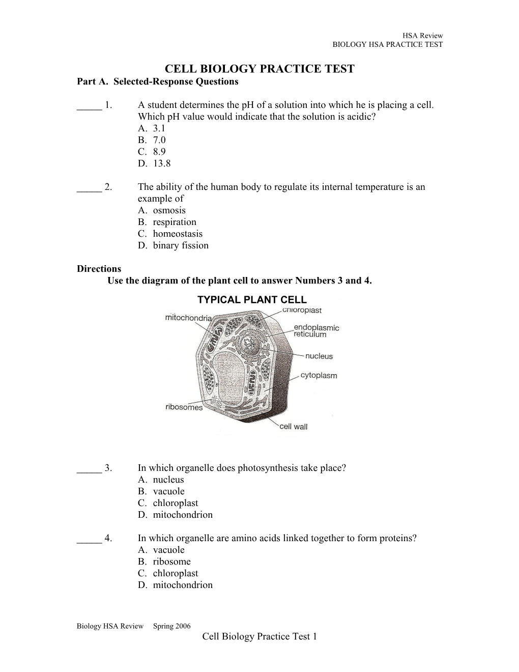 Cell Biology: Hsa Practice Assessment