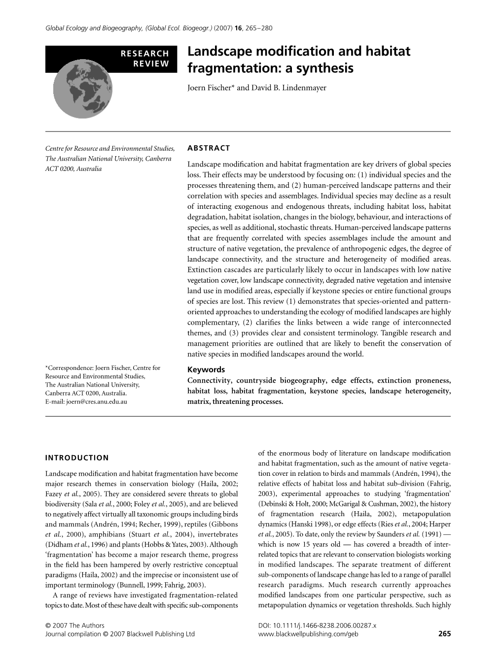 Landscape Modification and Habitat Fragmentation: a Synthesis