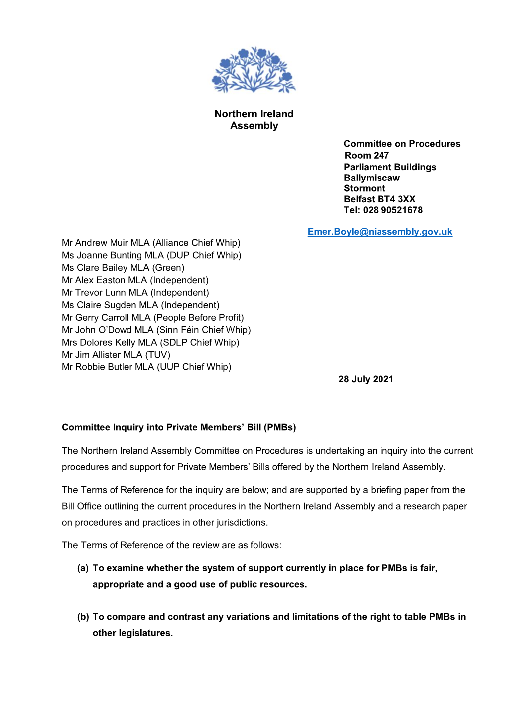 28 July 2021 Letter to Party Groups