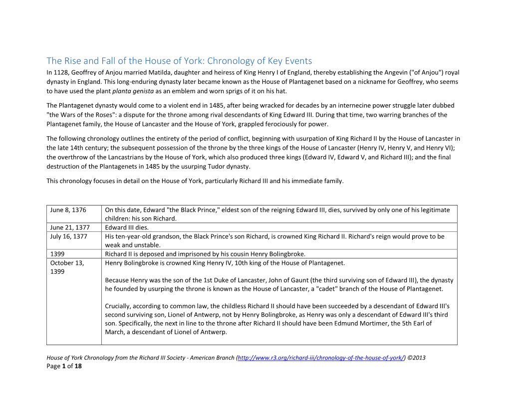 The Rise and Fall of the House of York: Chronology of Key Events