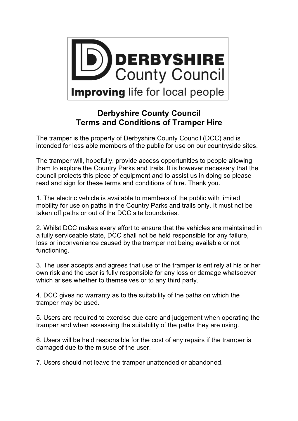 Derbyshire County Council Terms and Conditions of Tramper Hire