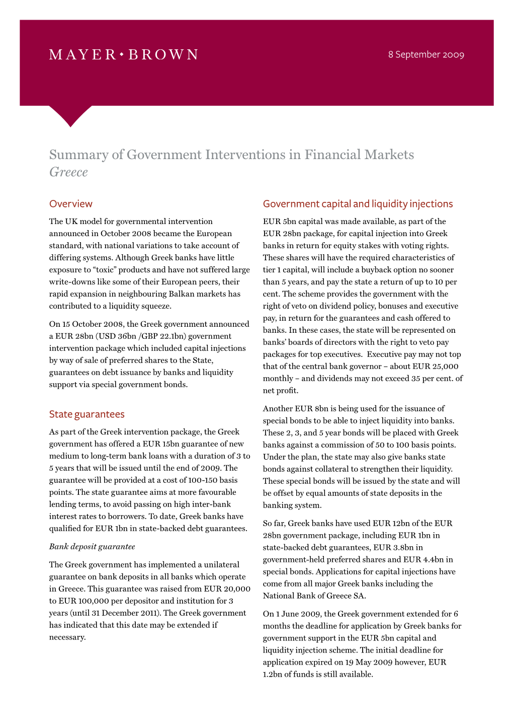 Summary of Government Interventions in Financial Markets Greece