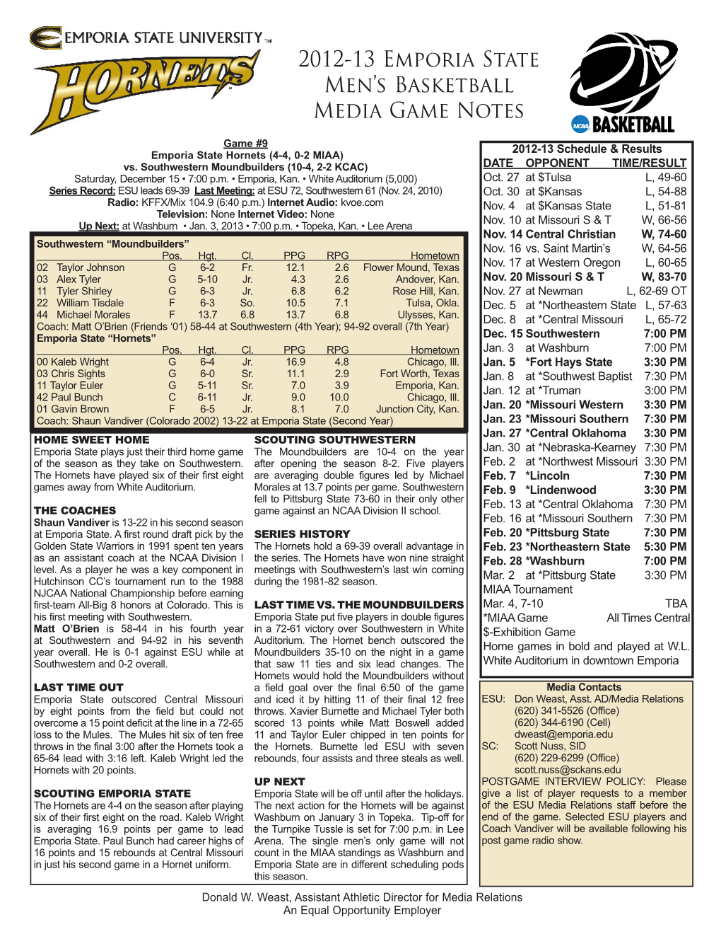 2012-13 Emporia State Men's Basketball Media Game Notes