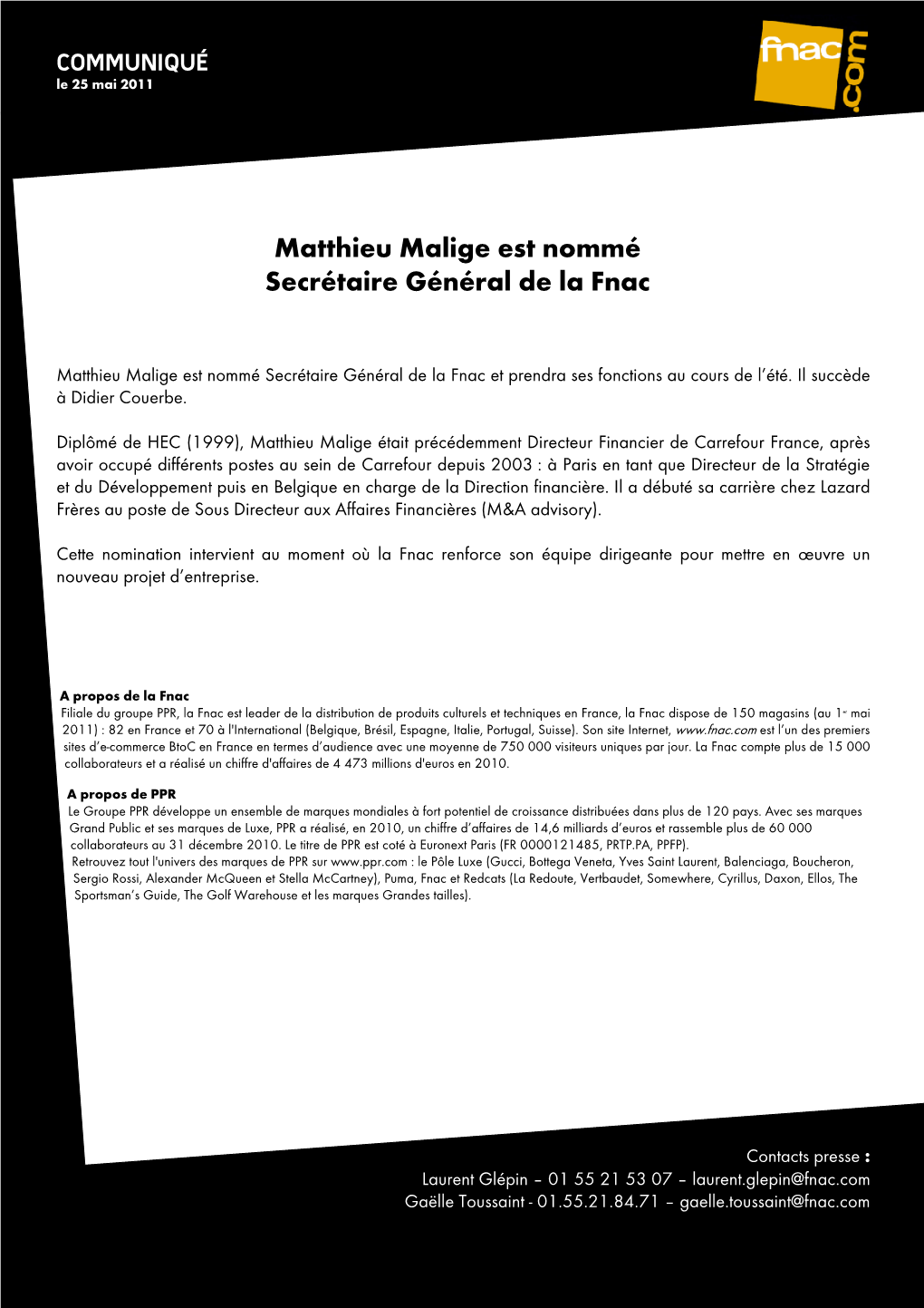 Matthieu Malige Est Nommé Secrétaire Général De La Fnac