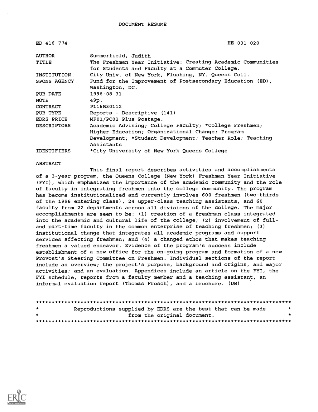 DOCUMENT RESUME HE 031 020 Summerfield, Judith The