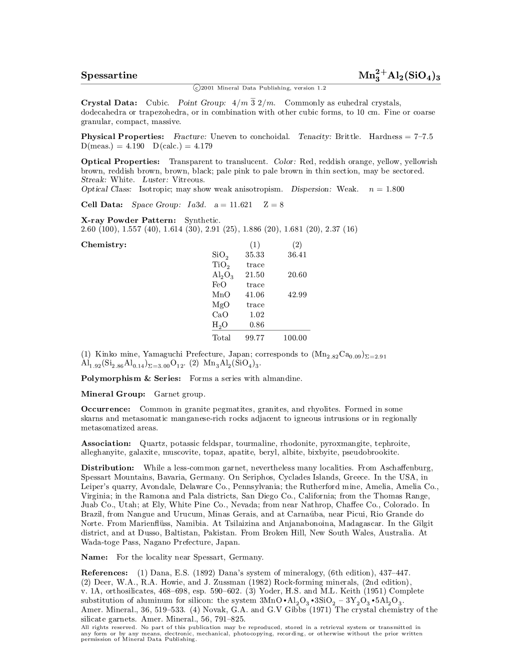 Spessartine Mn3 Al2(Sio4)3 C 2001 Mineral Data Publishing, Version 1.2 ° Crystal Data: Cubic