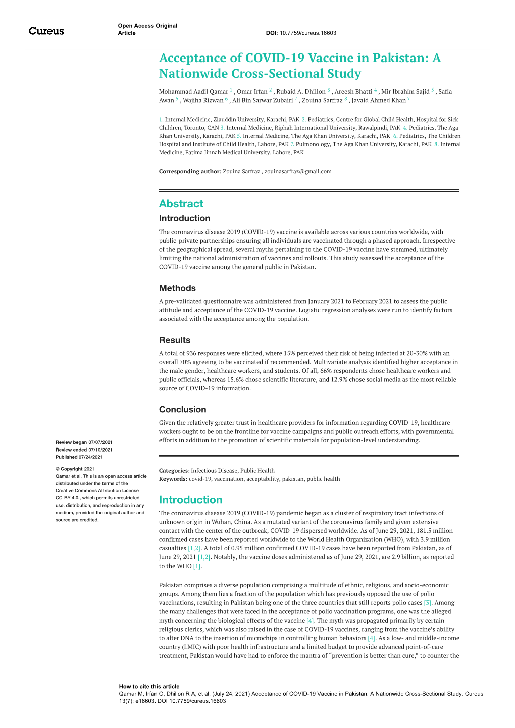 Acceptance of COVID-19 Vaccine in Pakistan: a Nationwide Cross-Sectional Study