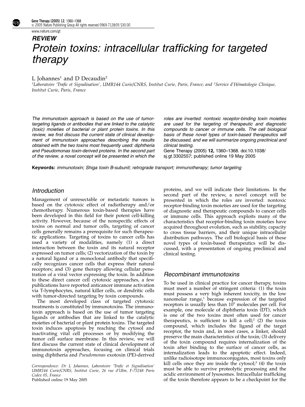 Protein Toxins: Intracellular Trafficking for Targeted Therapy