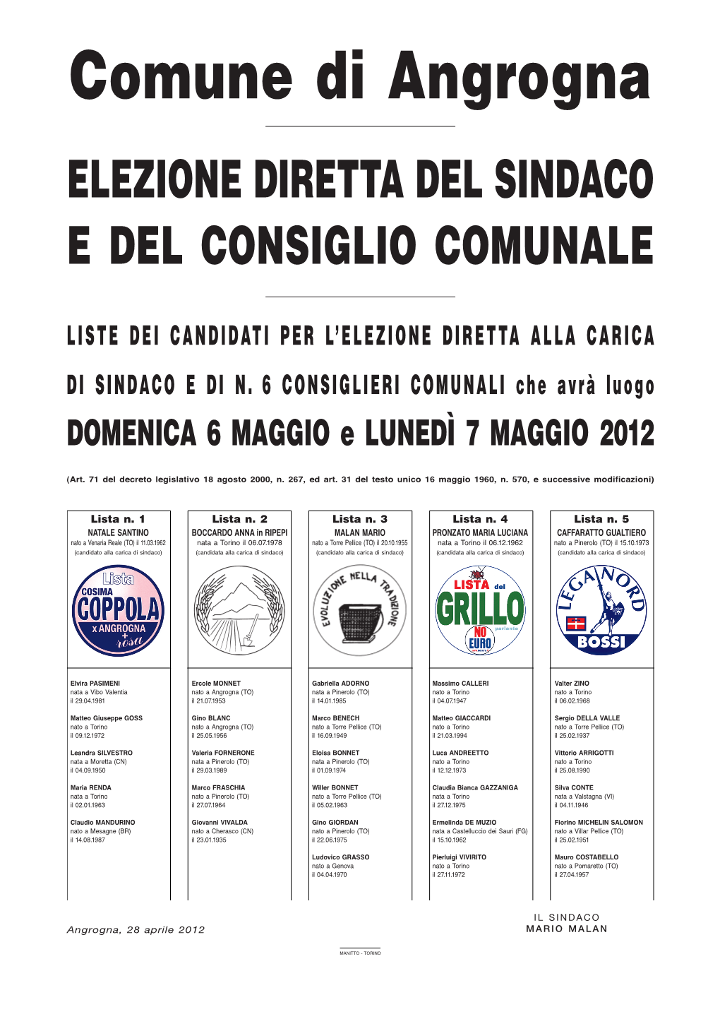 Comune Di Angrogna ELEZIONE DIRETTA DEL SINDACO E DEL CONSIGLIO COMUNALE