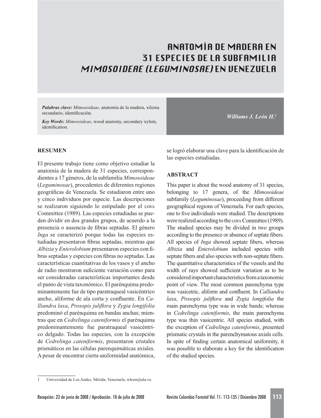 Anatomía De Madera En 31 Especies De La Subfamilia Mimosoideae (Leguminosae) En Venezuela