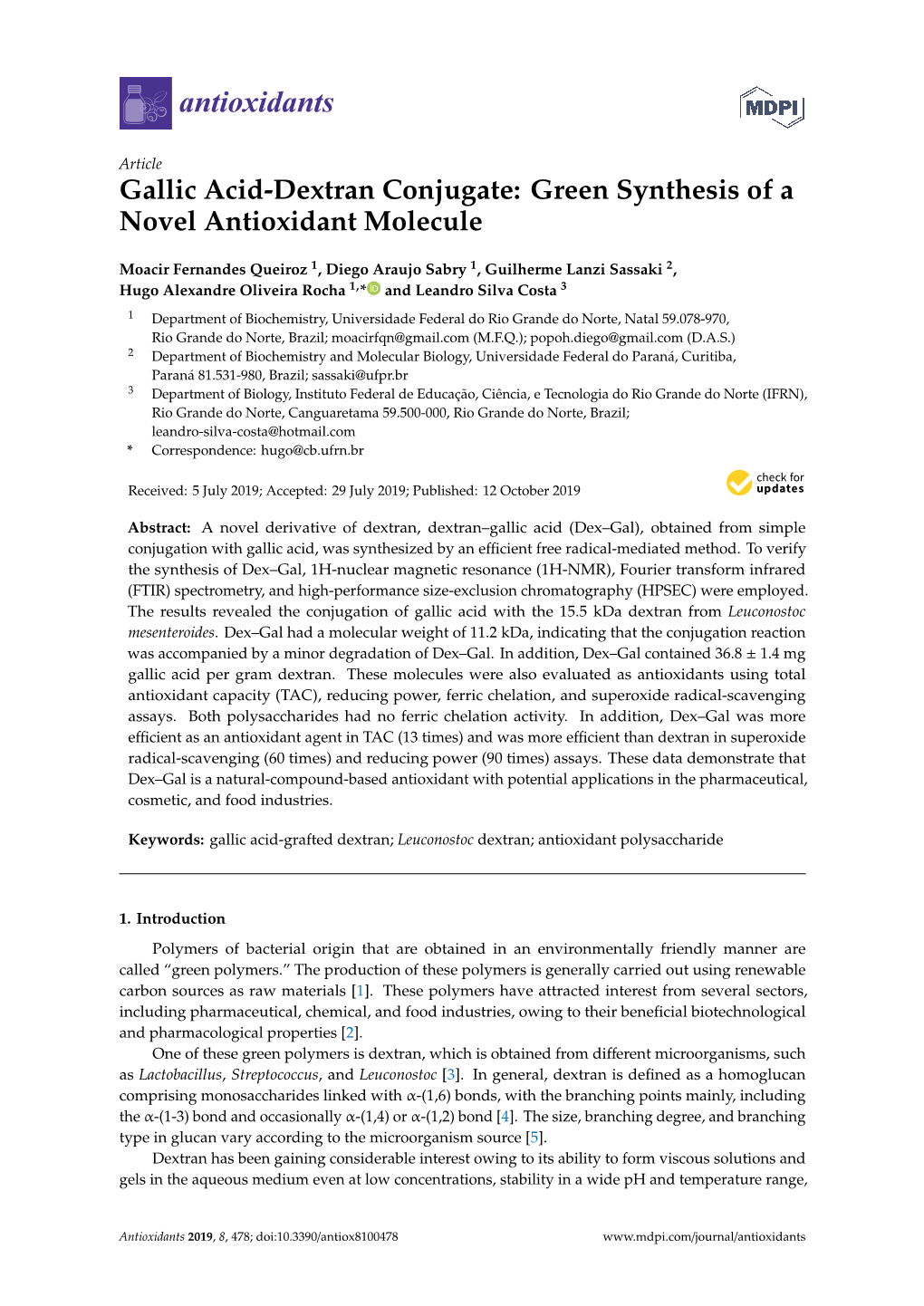 Gallic Acid-Dextran Conjugate: Green Synthesis of a Novel Antioxidant Molecule