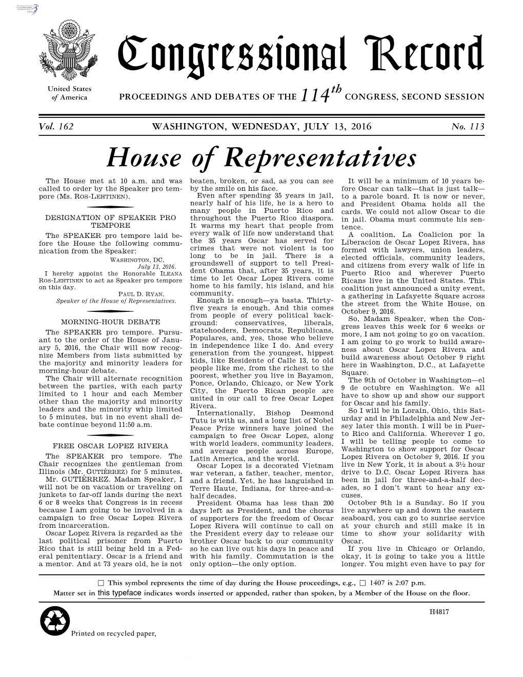 Congressional Record United States Th of America PROCEEDINGS and DEBATES of the 114 CONGRESS, SECOND SESSION