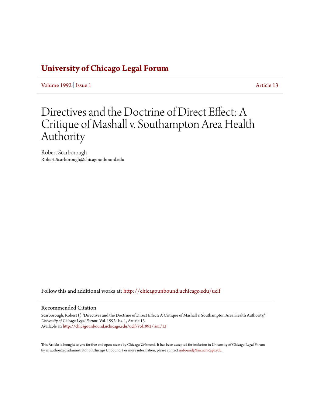A Critique of Mashall V. Southampton Area Health Authority Robert Scarborough Robert.Scarborough@Chicagounbound.Edu