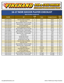 2016-17 Panini NOIR Soccer Team Checklist Information Guide;