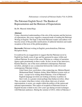 The Pakistani English Novel: the Burden of Representation and the Horizon of Expectations