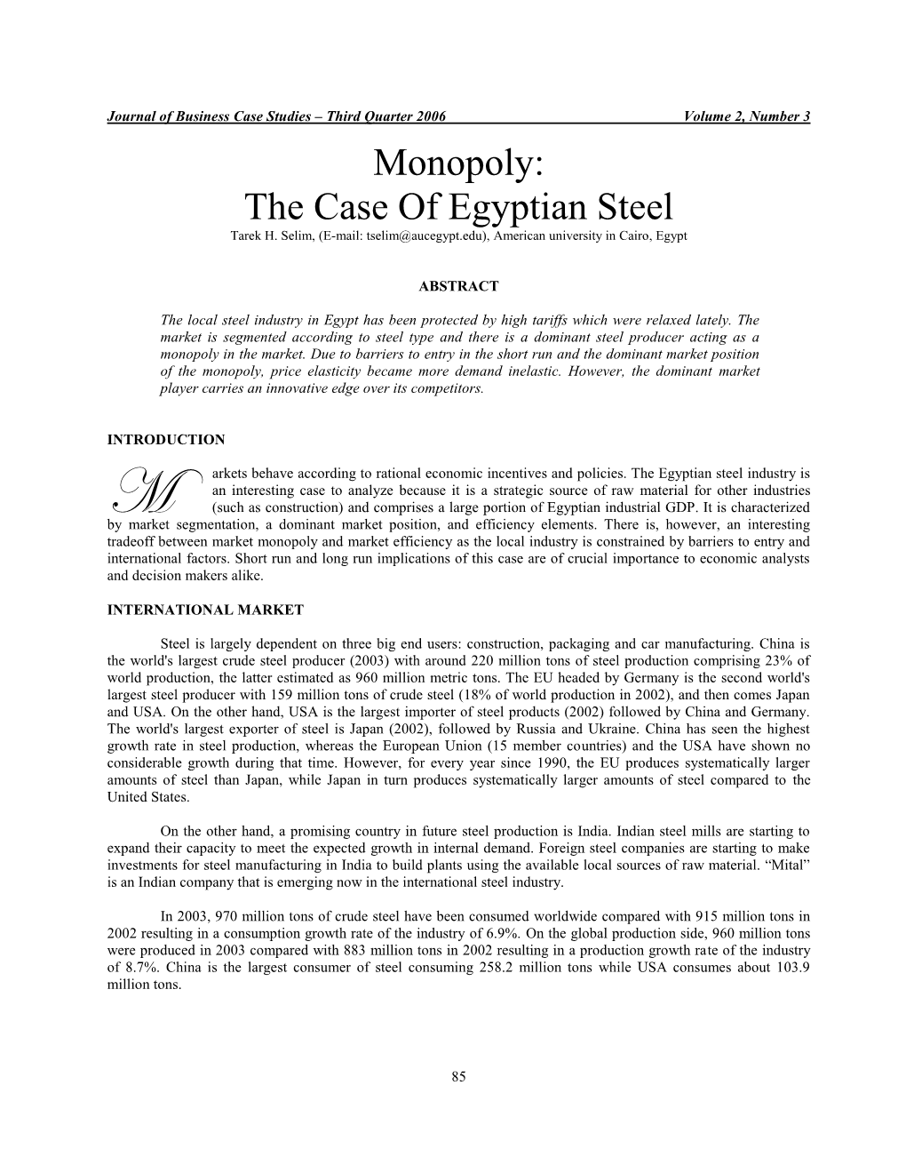 Monopoly: the Case of Egyptian Steel Tarek H