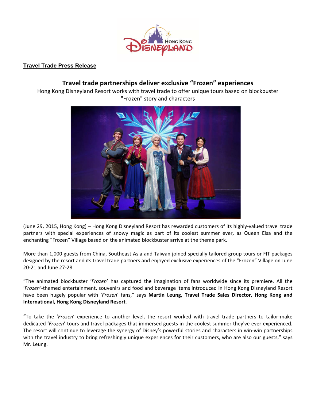 Travel Trade Partnerships Deliver Exclusive “Frozen” Experiences