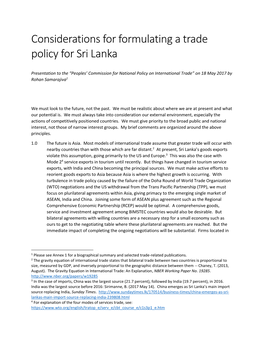 Considerations for Formulating a Trade Policy for Sri Lanka