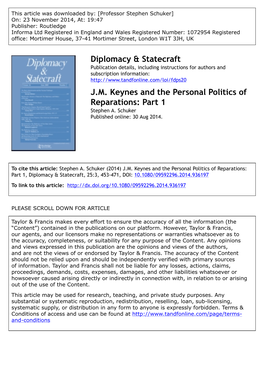 Diplomacy & Statecraft JM Keynes and the Personal Politics of Reparations