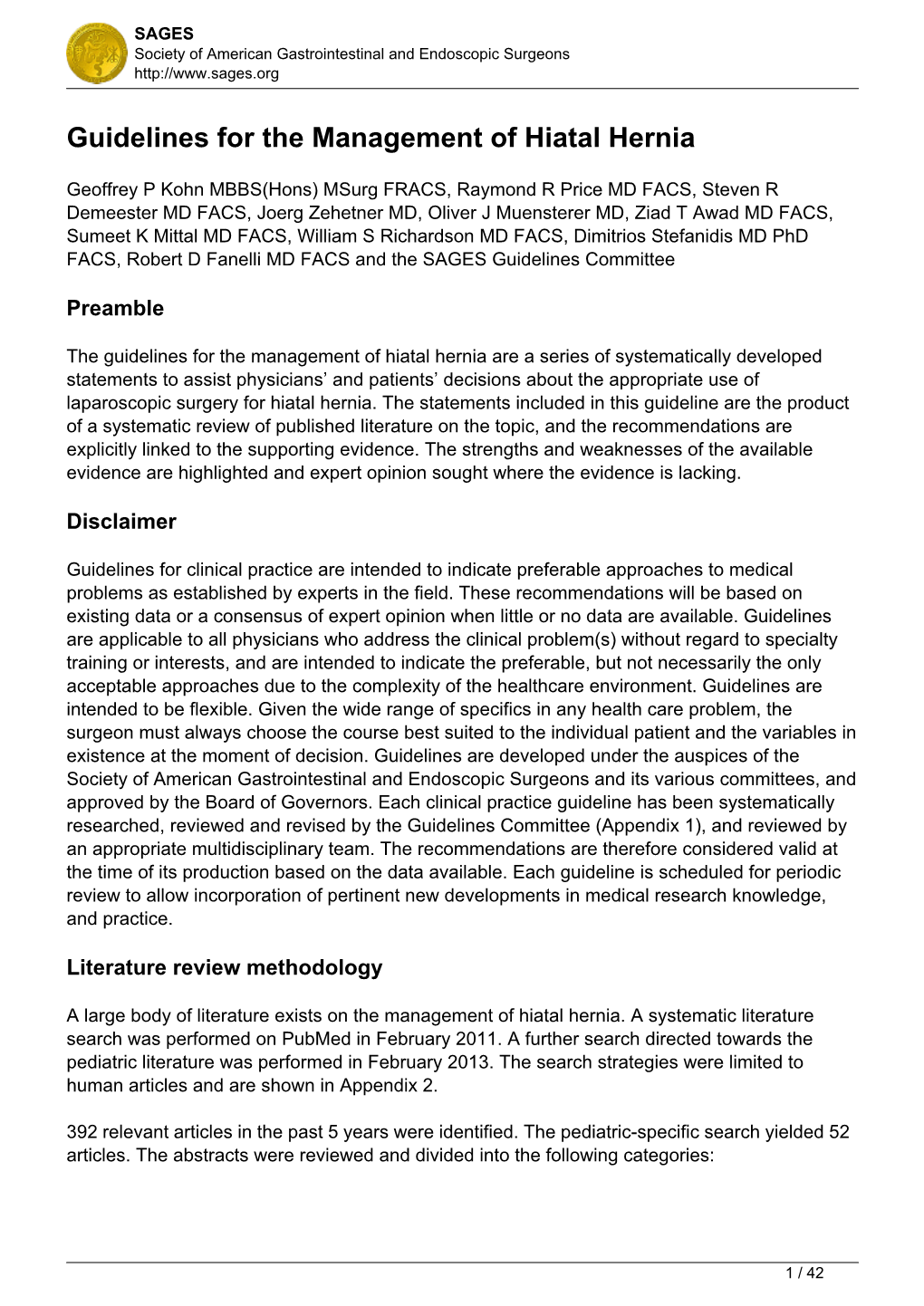 Guidelines for the Management of Hiatal Hernia