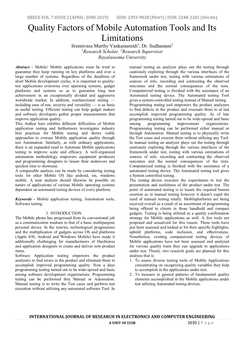 Quality Factors of Mobile Automation Tools and Its Limitations Sreenivasa Murthy Vankamamidi1, Dr