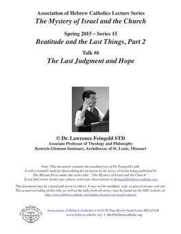 Beatitude and the Last Things, Part 2 the Last Judgment and Hope The