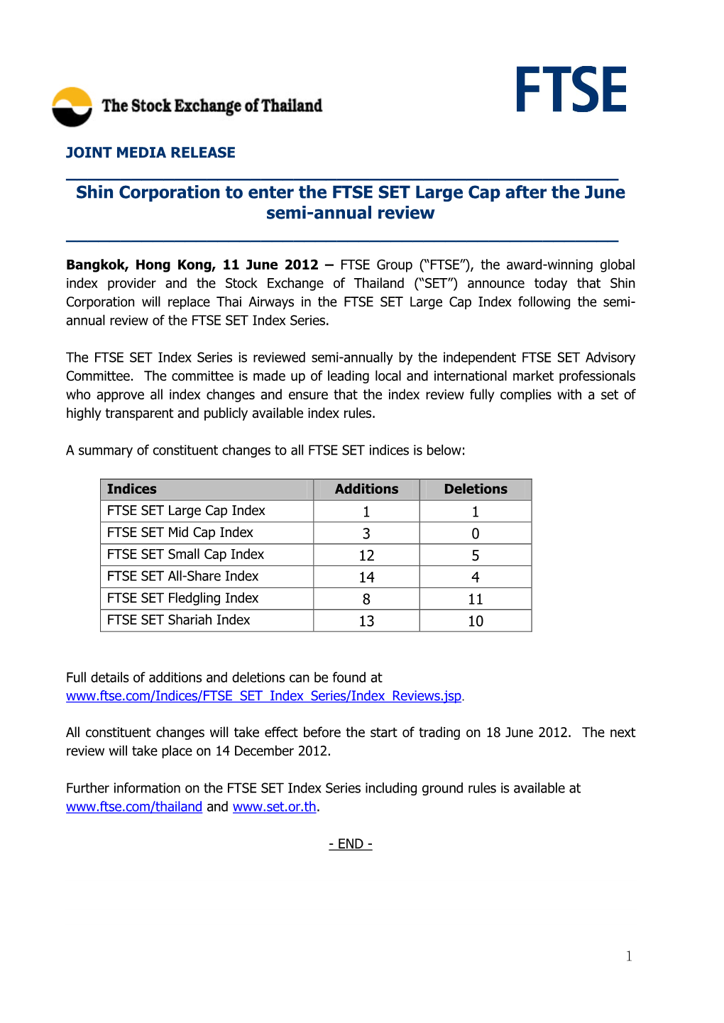 Shin Corporation to Enter the FTSE SET Large Cap After the June Semi-Annual Review ______
