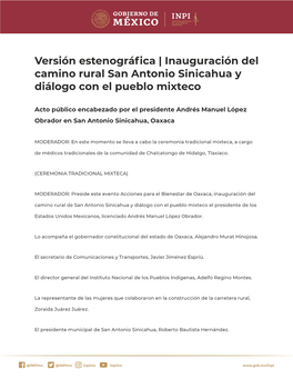 Inauguración Del Camino Rural San Antonio Sinicahua Y Diálogo Con El Pueblo Mixteco