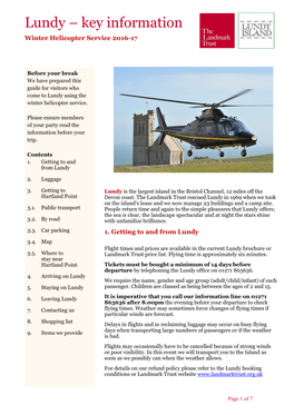 Lundy – Key Information Winter Helicopter Service 2016-17