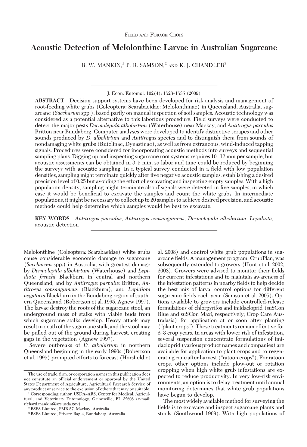 Acoustic Detection of Melolonthine Larvae in Australian Sugarcane