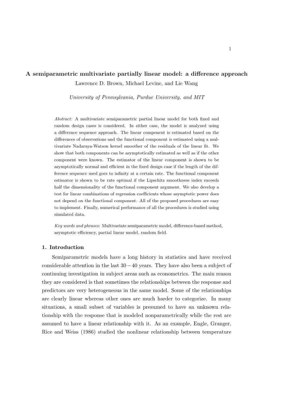 A Semiparametric Multivariate Partially Linear Model: a Diﬀerence Approach Lawrence D