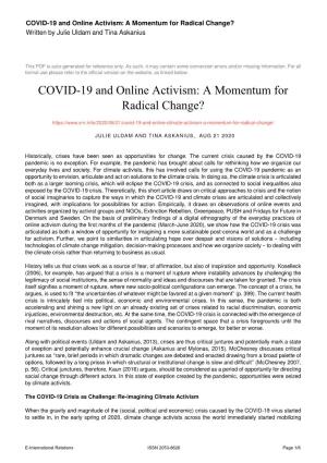 COVID-19 and Online Activism: a Momentum for Radical Change? Written by Julie Uldam and Tina Askanius