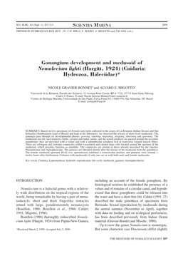 Gonangium Development and Medusoid of Nemalecium Lighti (Hargitt, 1924) (Cnidaria: Hydrozoa, Haleciidae)*