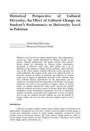 Historical Perspective of Cultural Diversity; an Effect of Cultural Change on Student’S Performance at University Level in Pakistan