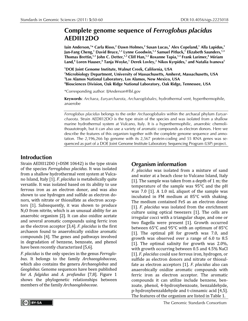 Complete Genome Sequence of Ferroglobus Placidus AEDII12DO