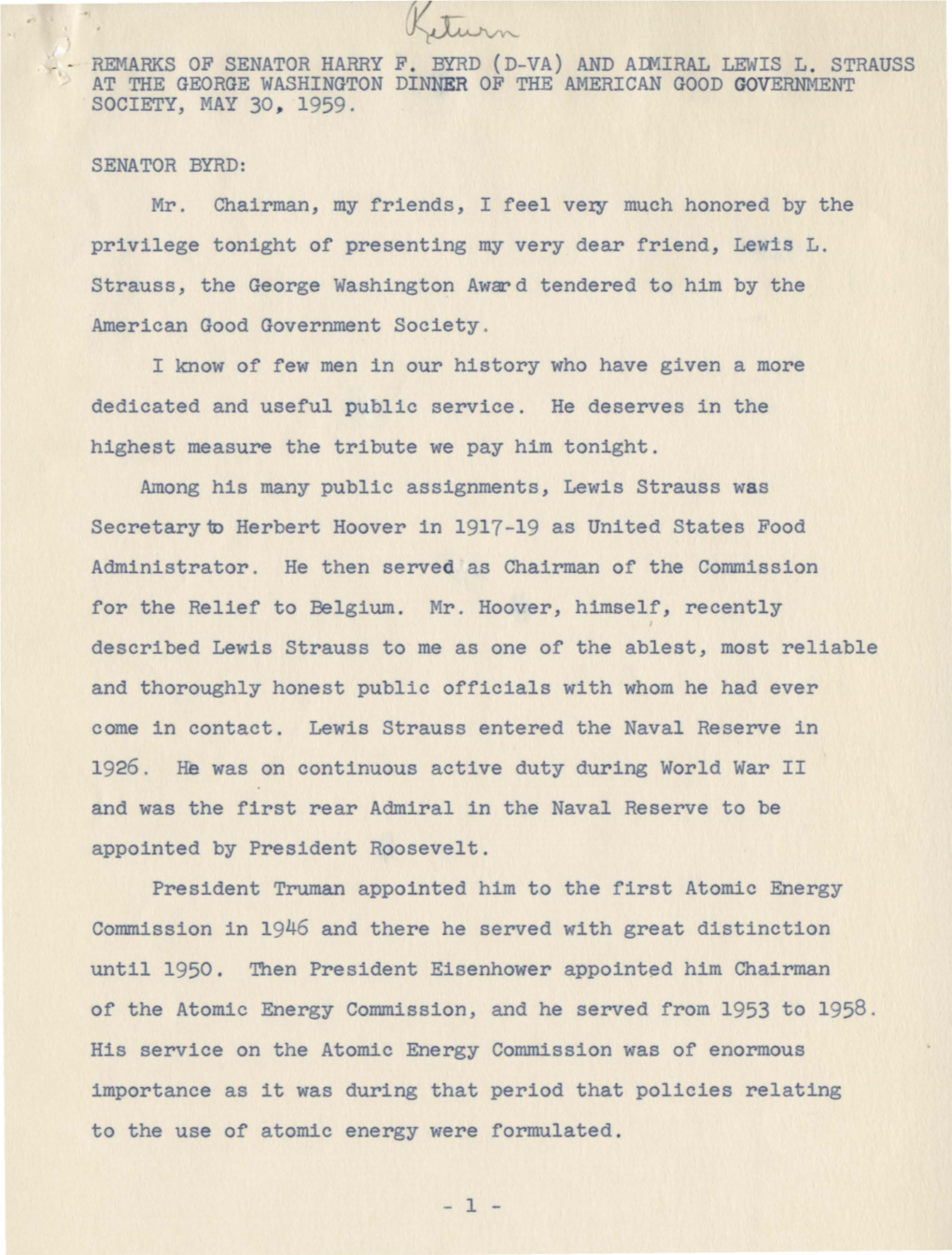 Remarks of Senator Harry F. Byrd (D-Va) and Almiral Lewis L. Strauss at the George Washington Dinner of the American Good Government Society, May 30, 1959