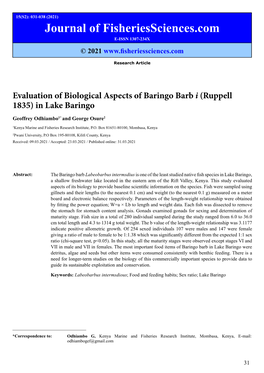 Evaluation of Biological Aspects of Baringo Barb I (Ruppell 1835) in Lake Baringo Geoffrey Odhiambo1* and George Osure2
