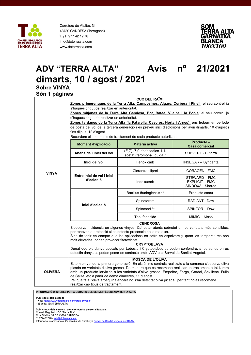 Avís Nº 21/2021 Dimarts, 10 / Agost / 2021