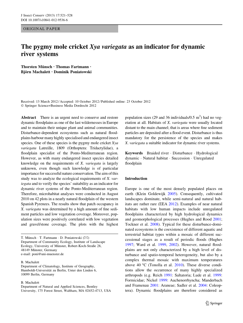 The Pygmy Mole Cricket Xya Variegata As an Indicator for Dynamic River Systems